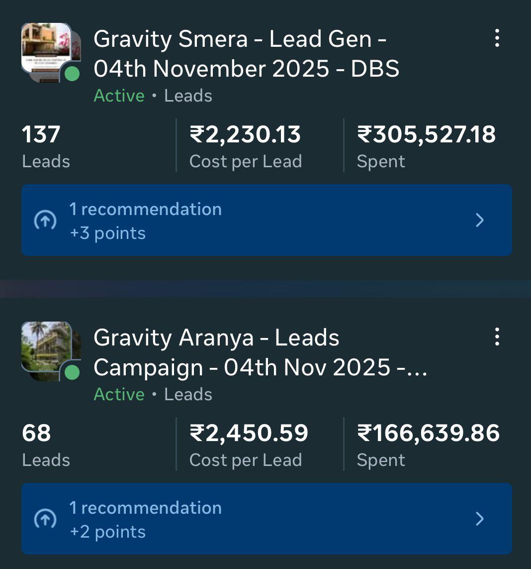 Meta Ads Manager screenshot showing Gravity Smera and Gravity Aranya active lead generation campaigns